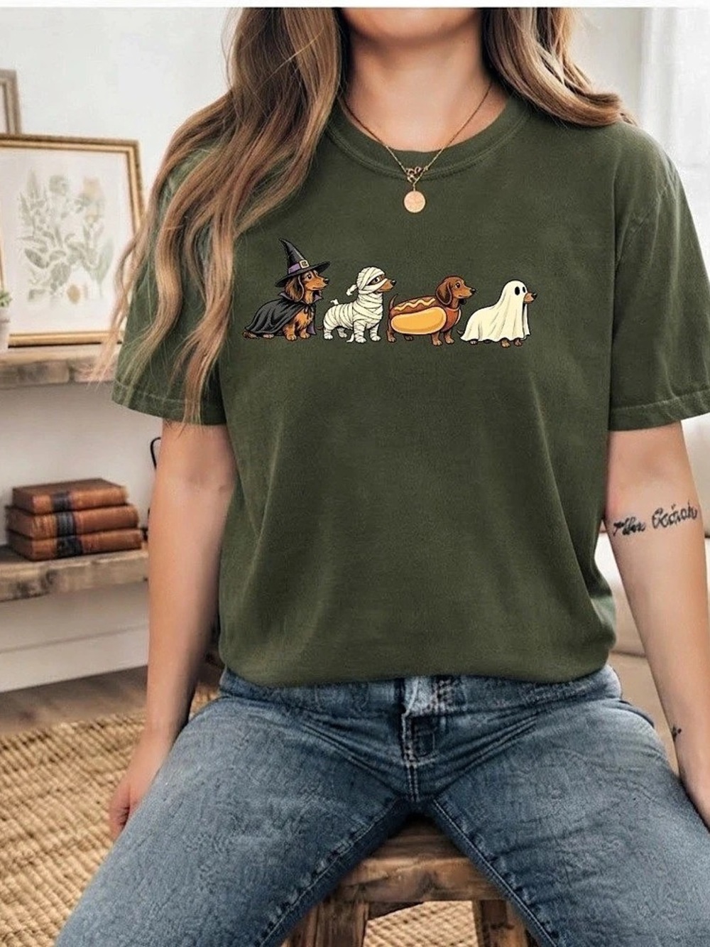Spooky Dachshund Halloween Green Comfort Color T-Shirt